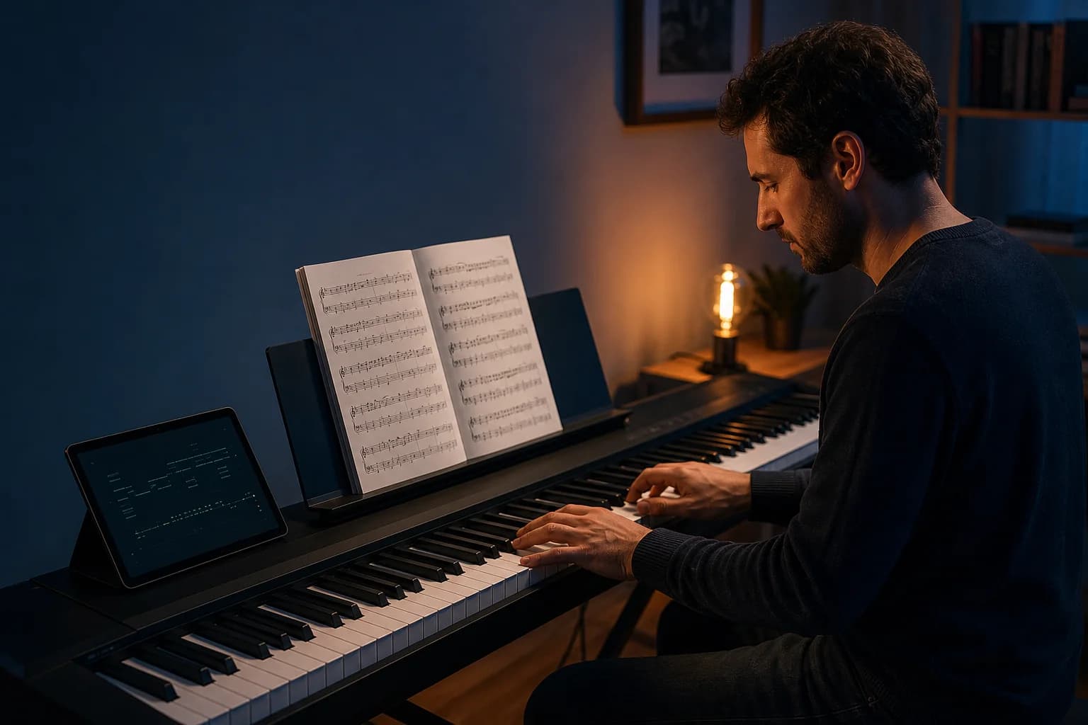 A musician practicing from a printed score at a full-size MIDI keyboard