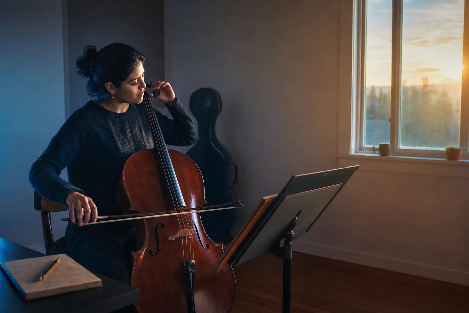 A cellist returning to private practice with the instrument and score stand visible